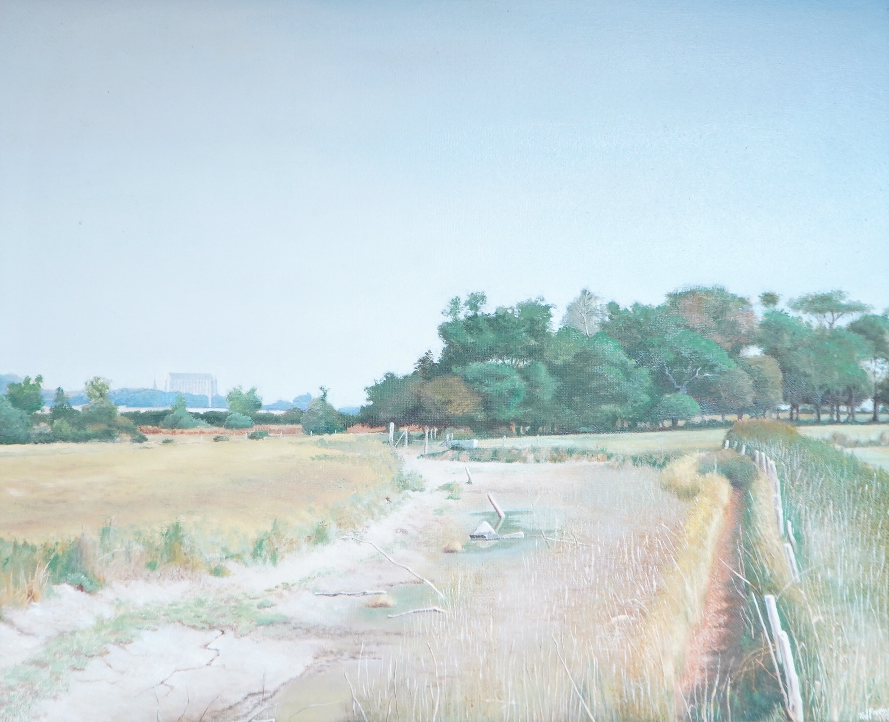 Ted Freeman (20th. C), 'Lancing Summer 1976', signed and dated 1977, oil on canvas board, details verso, 58 x 72cm